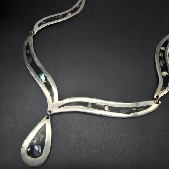 Alapaca Mexico Abalone Shell Inlay Necklace Collar Tear Drop Pendant - Picture 3 of 10